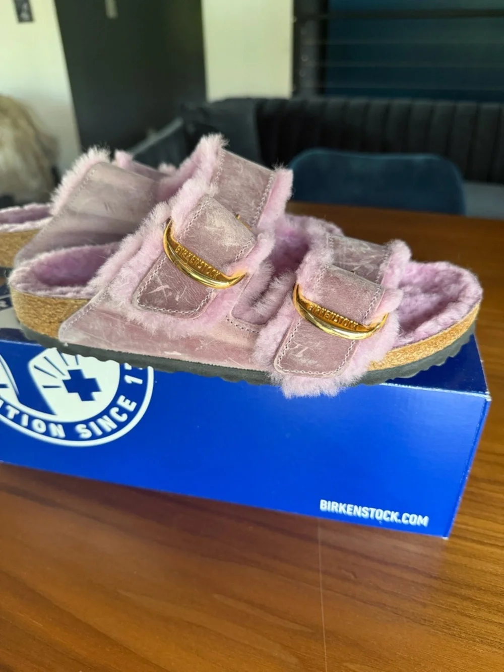Birkenstock Plush Fuzzy Slide Sandals in Lavender Pink - Picture 6 of 8